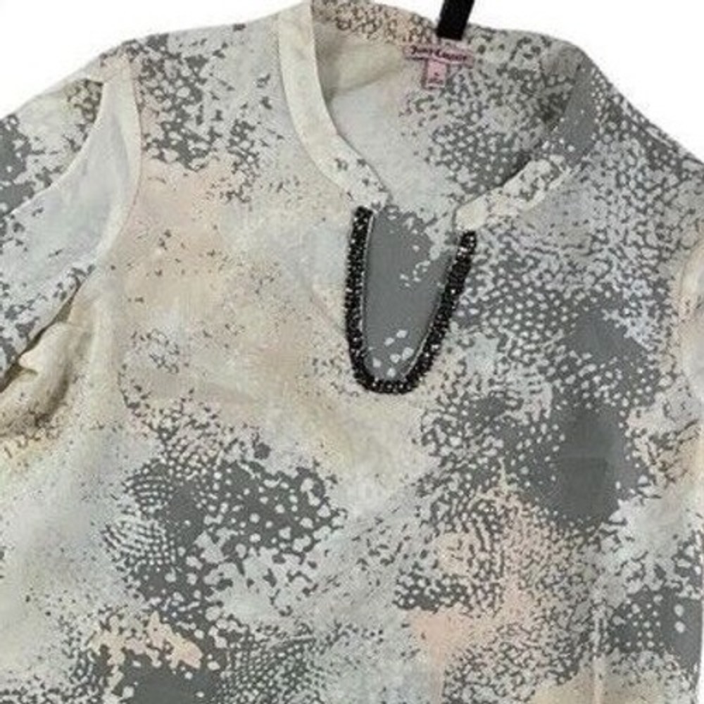 Juicy Couture Women Blouse Polyester Abstract‎ Print S Beaded Split Neck Grey